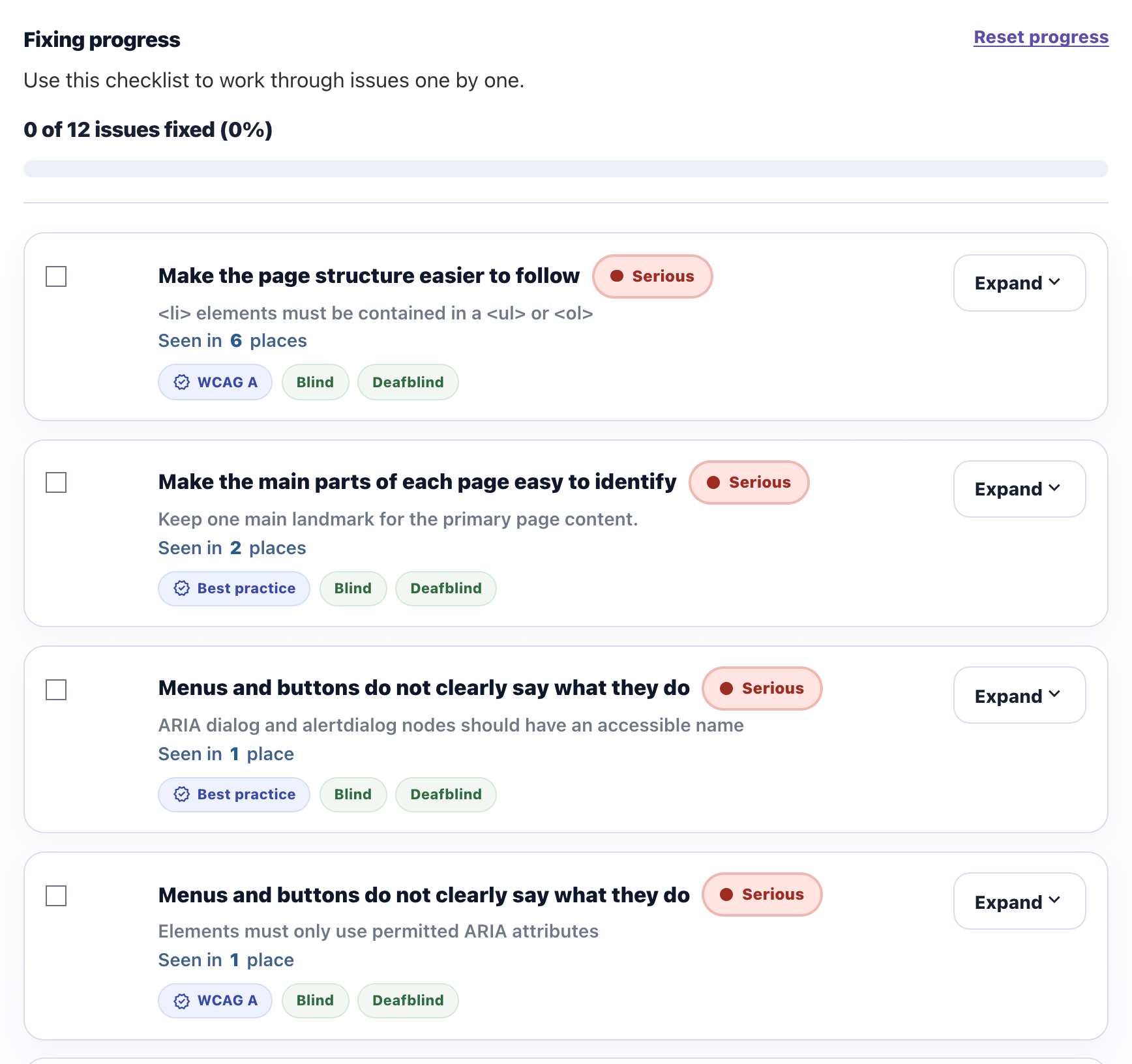 Access Lens report checklist showing accessibility issues ranked by severity, each tagged with the WCAG rule it breaks, who it affects, and an expandable fix guide
